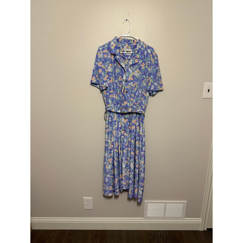 Vintage 80s Leslie Fay Floral Garden Print Belted Midi Dress Blue Purple Size 14